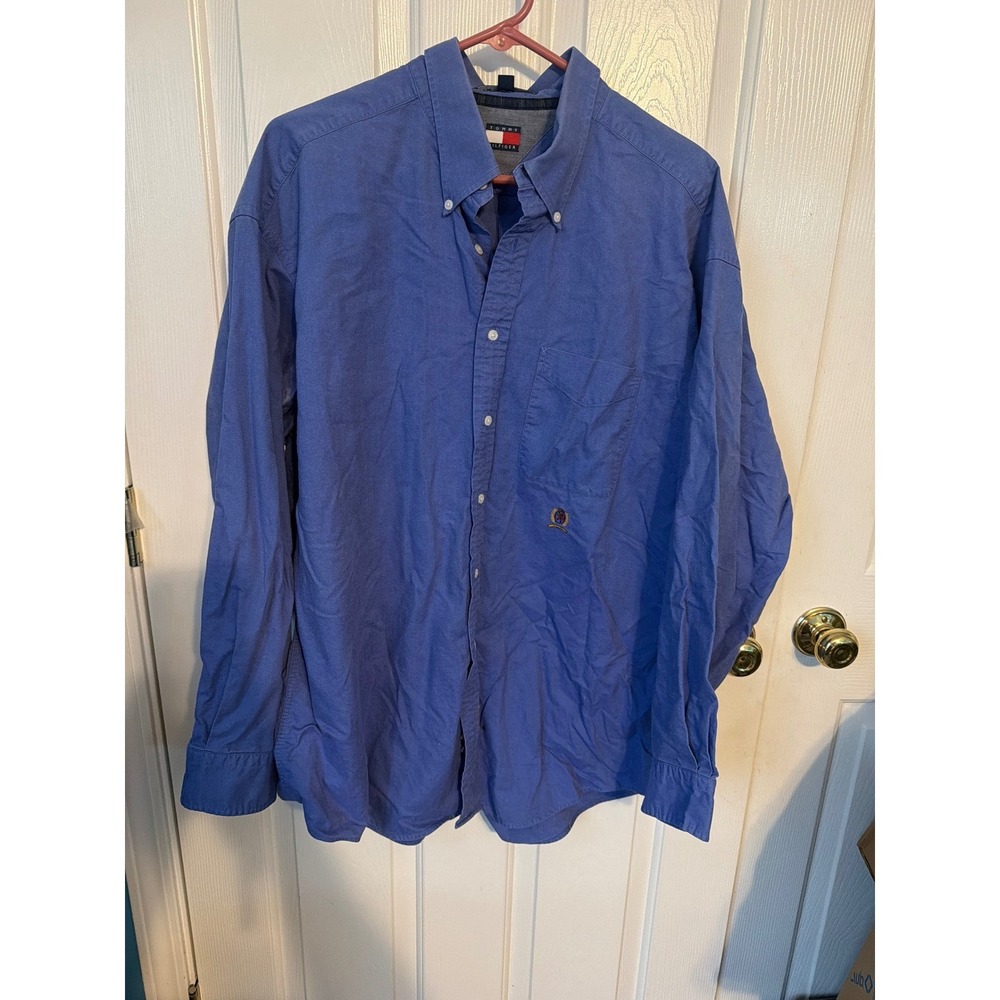 Tommy Hilfiger Mens Button Down Shirt Blue Oxford Cotton Long Sleeve Size 17.5